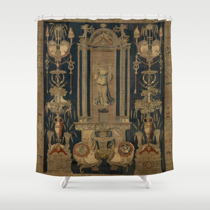 Antique 16th Century Goddess Ceres Grotesque Flemish Tapestry Shower Curtain Gallery Image 1