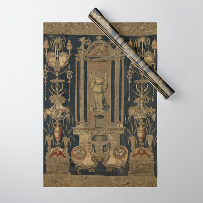 Antique 16th Century Goddess Ceres Grotesque Flemish Tapestry Wrapping Paper Gallery Image 1