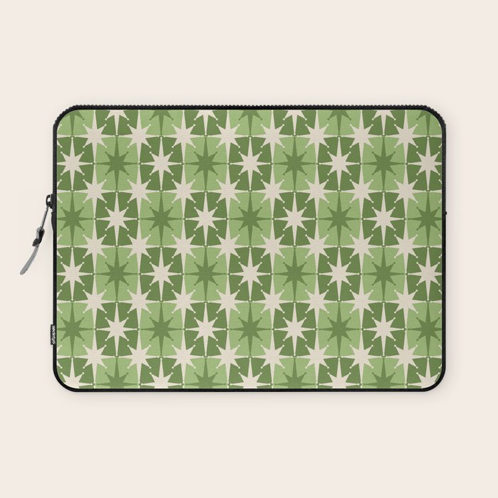 Mid Century Modern Atomic Stars Retro Checkered Starburst Pattern Sage Olive Green Laptop Sleeve Gallery Image 1