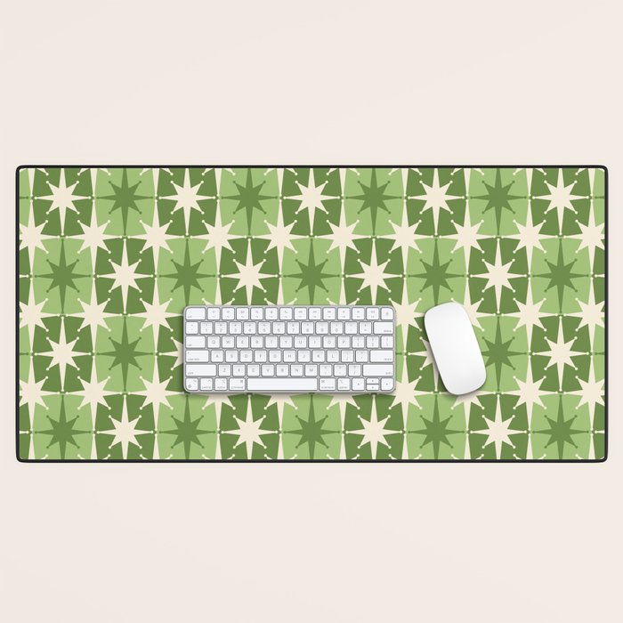 Mid Century Modern Atomic Stars Retro Checkered Starburst Pattern Sage Olive Green Desk Mat Gallery Image 1