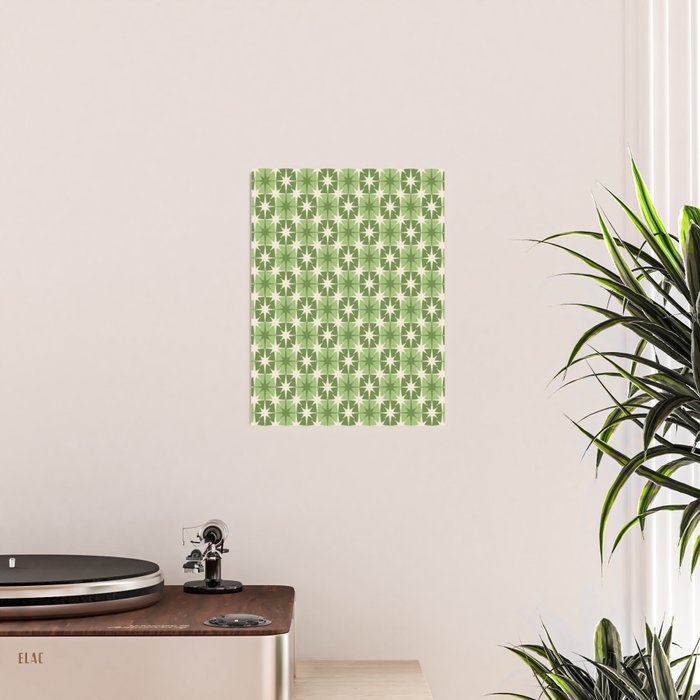 Mid Century Modern Atomic Stars Retro Checkered Starburst Pattern Sage Olive Green Poster Gallery Image 2