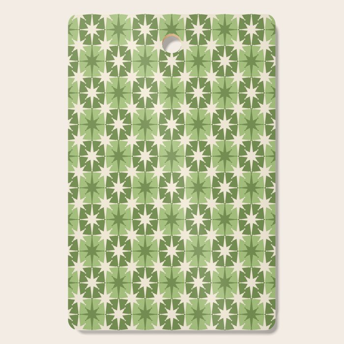 Mid Century Modern Atomic Stars Retro Checkered Starburst Pattern Sage Olive Green Cutting Board Gallery Image 1