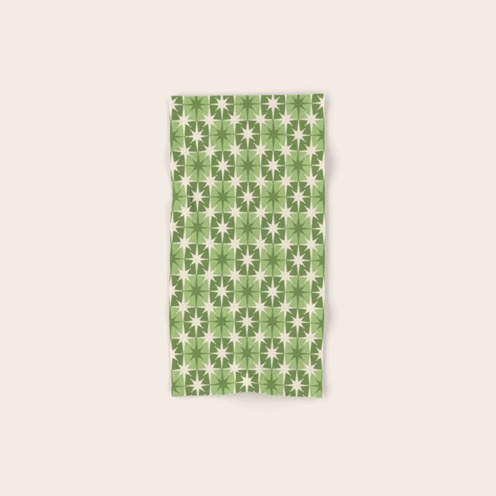 Mid Century Modern Atomic Stars Retro Checkered Starburst Pattern Sage Olive Green Bath Towel Gallery Image 1