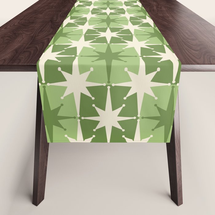 Mid Century Modern Atomic Stars Retro Checkered Starburst Pattern Sage Olive Green Table Runner Gallery Image 1