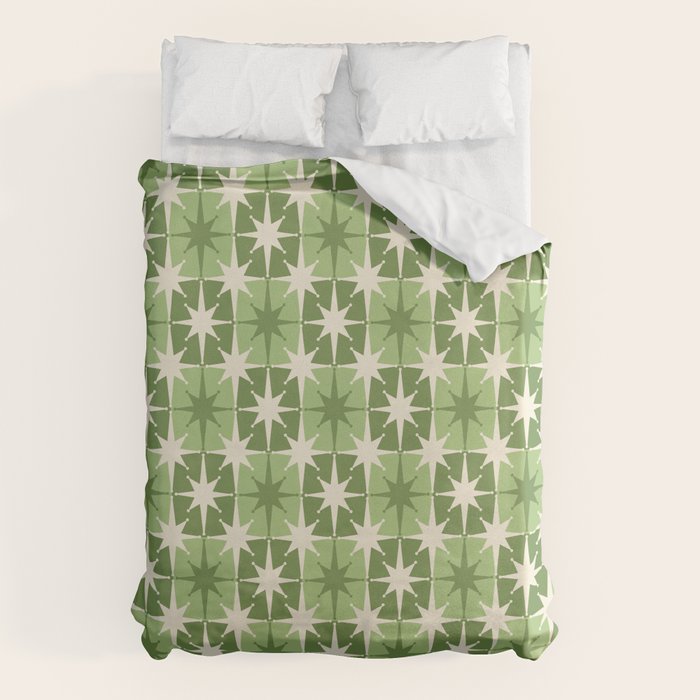 Mid Century Modern Atomic Stars Retro Checkered Starburst Pattern Sage Olive Green Duvet Cover Gallery Image 1