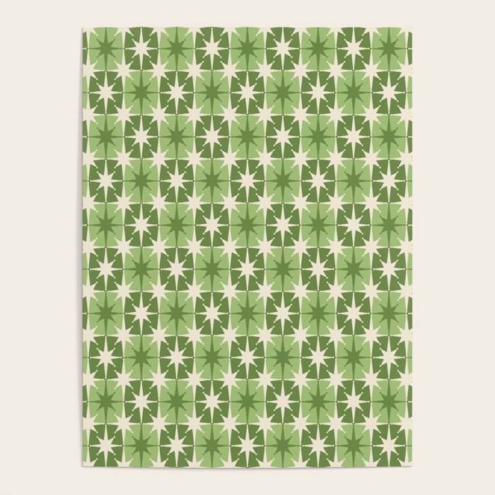 Mid Century Modern Atomic Stars Retro Checkered Starburst Pattern Sage Olive Green Poster Gallery Image 1