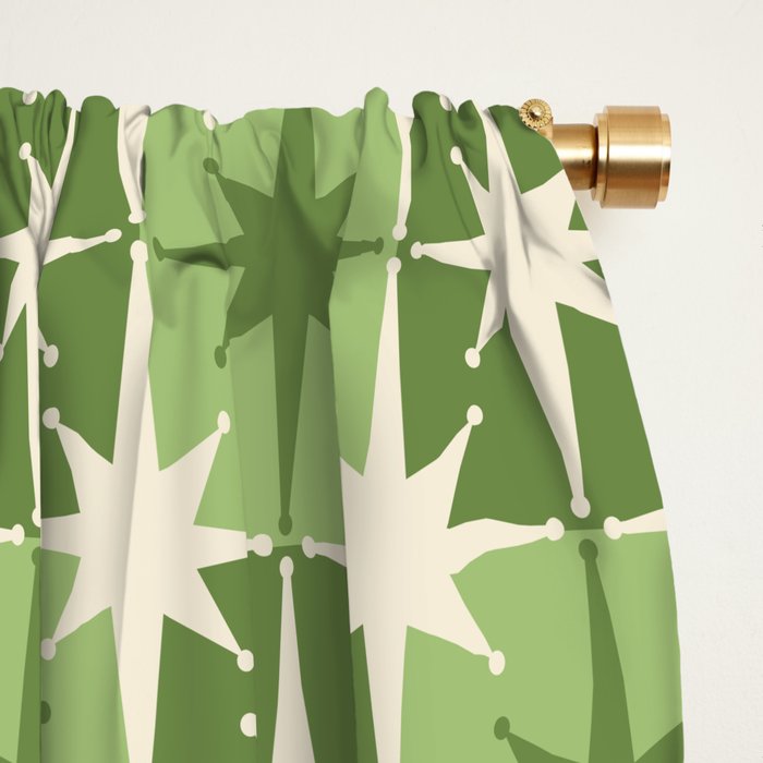 Mid Century Modern Atomic Stars Retro Checkered Starburst Pattern Sage Olive Green Window Curtain Gallery Image 2