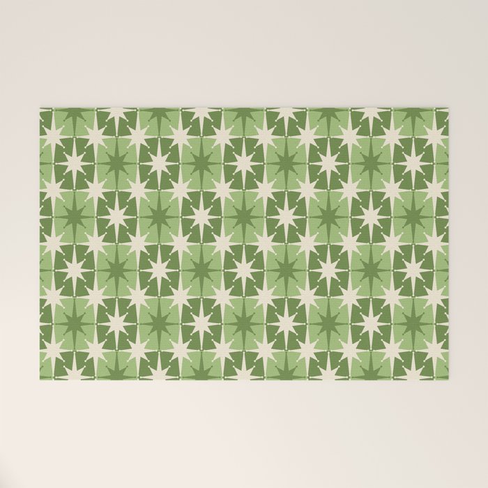 Mid Century Modern Atomic Stars Retro Checkered Starburst Pattern Sage Olive Green Welcome Mat Gallery Image 1