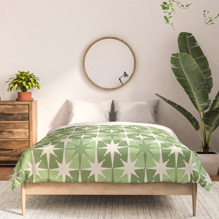 Mid Century Modern Atomic Stars Retro Checkered Starburst Pattern Sage Olive Green Comforter Gallery Image 3