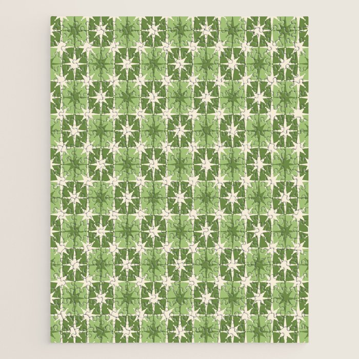 Mid Century Modern Atomic Stars Retro Checkered Starburst Pattern Sage Olive Green Jigsaw Puzzle Gallery Image 1
