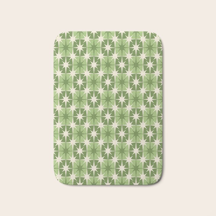 Mid Century Modern Atomic Stars Retro Checkered Starburst Pattern Sage Olive Green Bath Mat Gallery Image 1