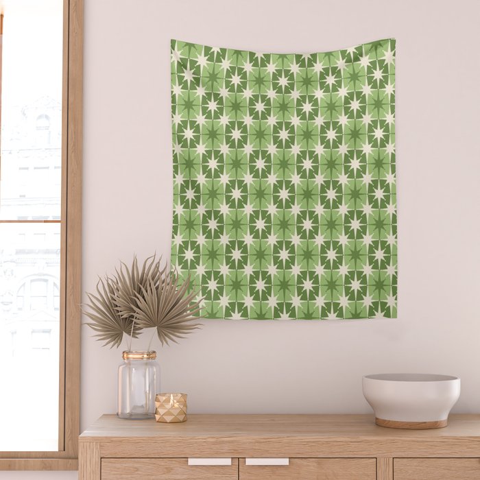 Mid Century Modern Atomic Stars Retro Checkered Starburst Pattern Sage Olive Green Wall Tapestry Gallery Image 2