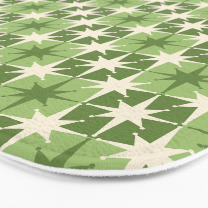 Mid Century Modern Atomic Stars Retro Checkered Starburst Pattern Sage Olive Green Bath Mat Gallery Image 3