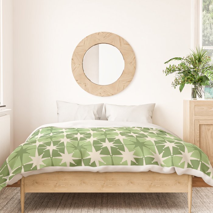 Mid Century Modern Atomic Stars Retro Checkered Starburst Pattern Sage Olive Green Duvet Cover Gallery Image 3