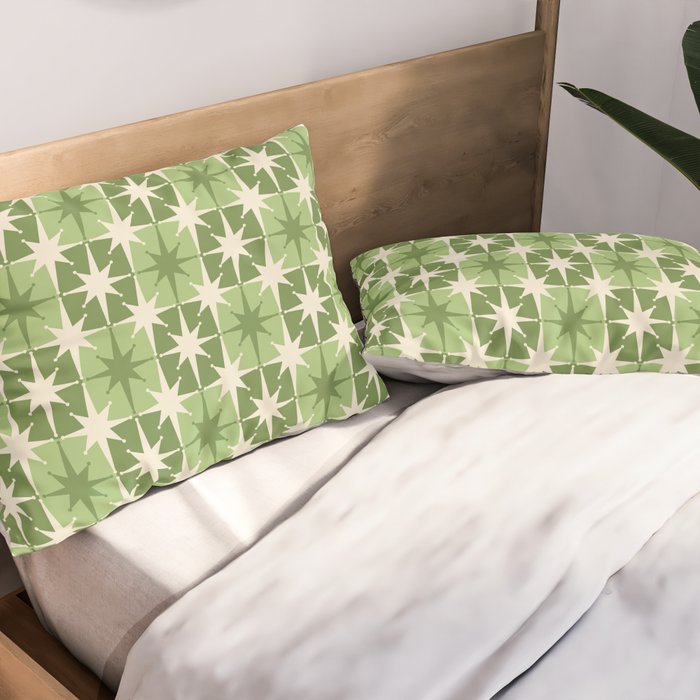 Mid Century Modern Atomic Stars Retro Checkered Starburst Pattern Sage Olive Green Pillow Sham Gallery Image 2