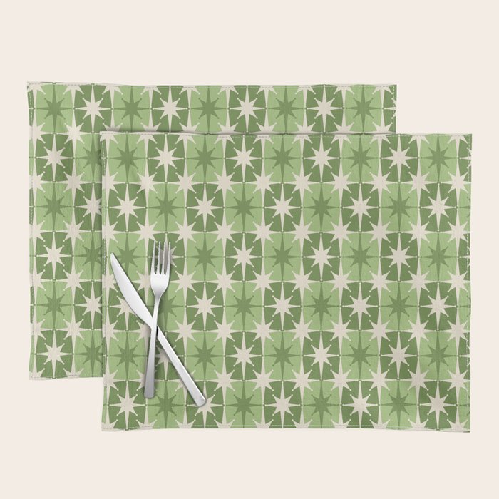 Mid Century Modern Atomic Stars Retro Checkered Starburst Pattern Sage Olive Green Placemat Gallery Image 1