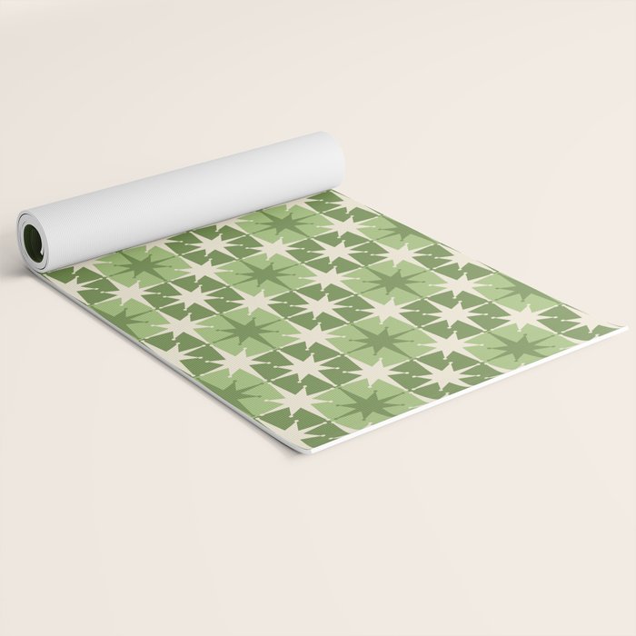 Mid Century Modern Atomic Stars Retro Checkered Starburst Pattern Sage Olive Green Yoga Mat Gallery Image 2