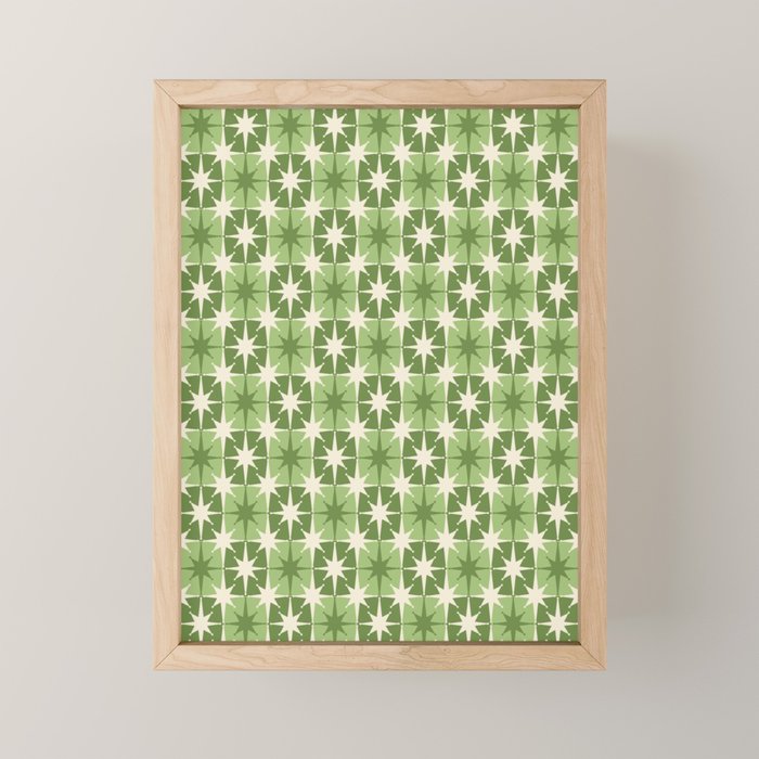 Mid Century Modern Atomic Stars Retro Checkered Starburst Pattern Sage Olive Green Mini Art Print Gallery Image 1
