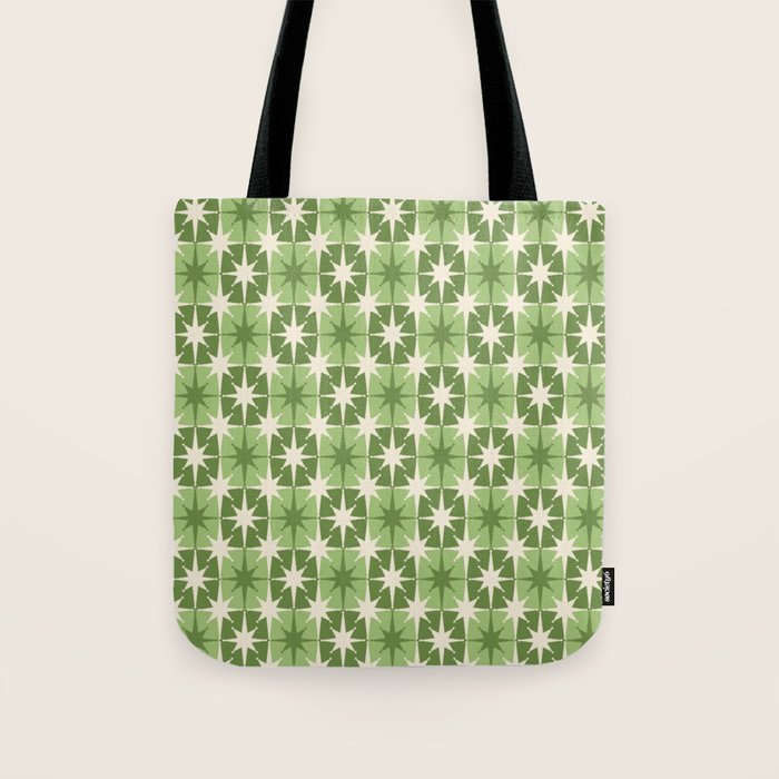 Mid Century Modern Atomic Stars Retro Checkered Starburst Pattern Sage Olive Green Tote Bag Gallery Image 1