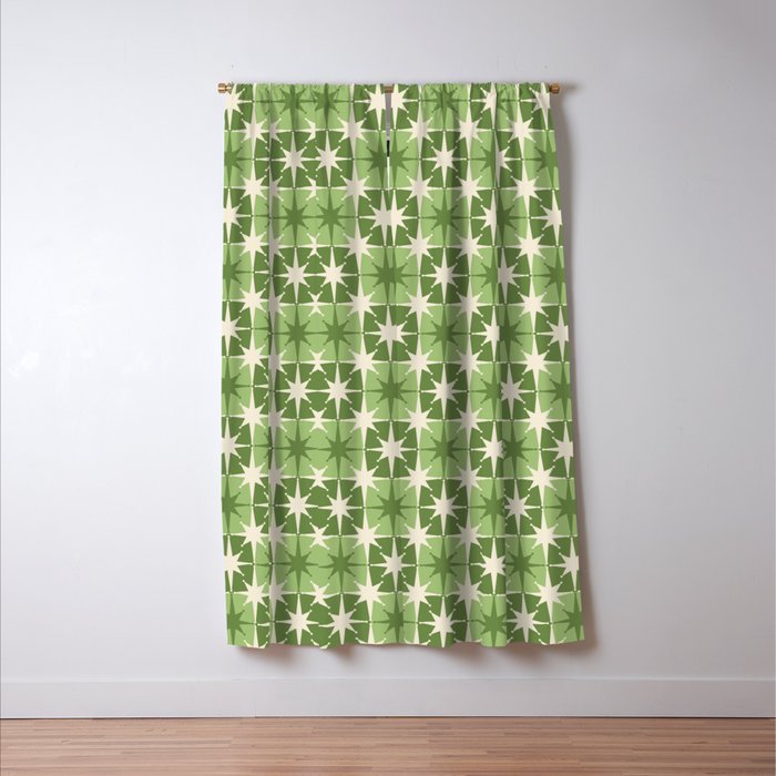 Mid Century Modern Atomic Stars Retro Checkered Starburst Pattern Sage Olive Green Window Curtain Gallery Image 3