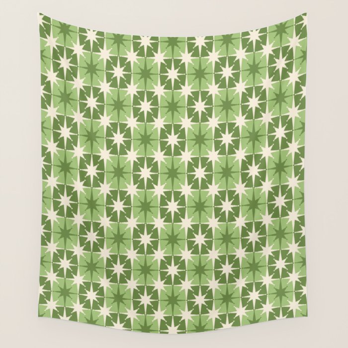 Mid Century Modern Atomic Stars Retro Checkered Starburst Pattern Sage Olive Green Wall Tapestry Gallery Image 4
