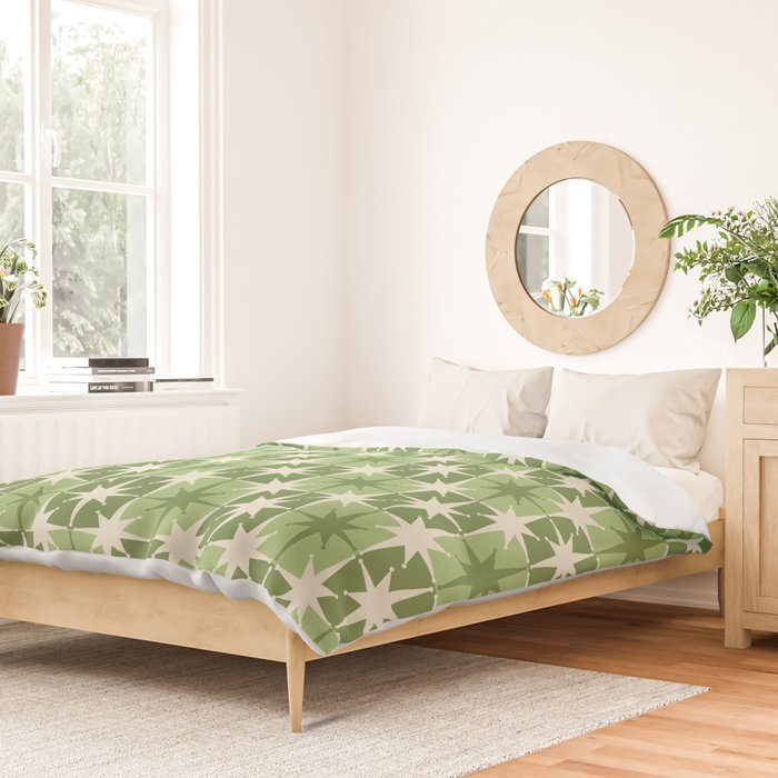 Mid Century Modern Atomic Stars Retro Checkered Starburst Pattern Sage Olive Green Duvet Cover Gallery Image 2