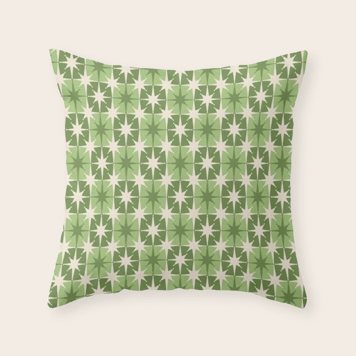 Mid Century Modern Atomic Stars Retro Checkered Starburst Pattern Sage Olive Green Throw Pillow Gallery Image 6