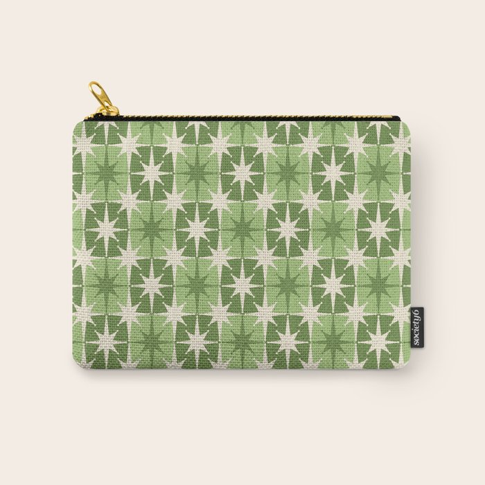 Mid Century Modern Atomic Stars Retro Checkered Starburst Pattern Sage Olive Green Carry All Pouch Gallery Image 1