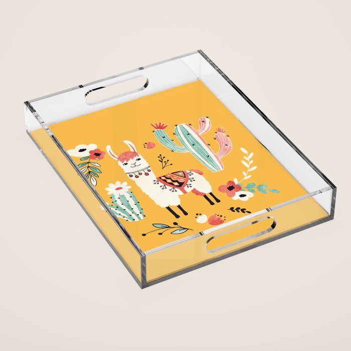 White Llama with flowers Acrylic Tray Gallery Image 1