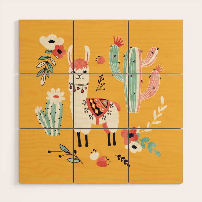 White Llama with flowers Wood Wall Art Gallery Image 1