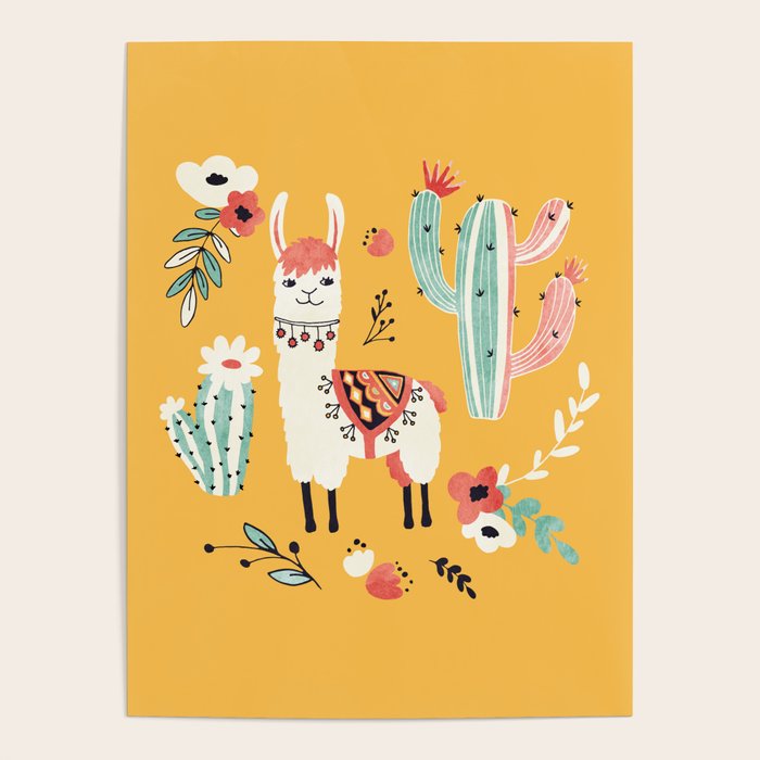 White Llama with flowers Poster Gallery Image 1