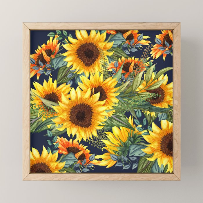 Festive, Sunflower, Yellow and Green on Navy Blue, Floral Prints Mini Art Print Gallery Image 1