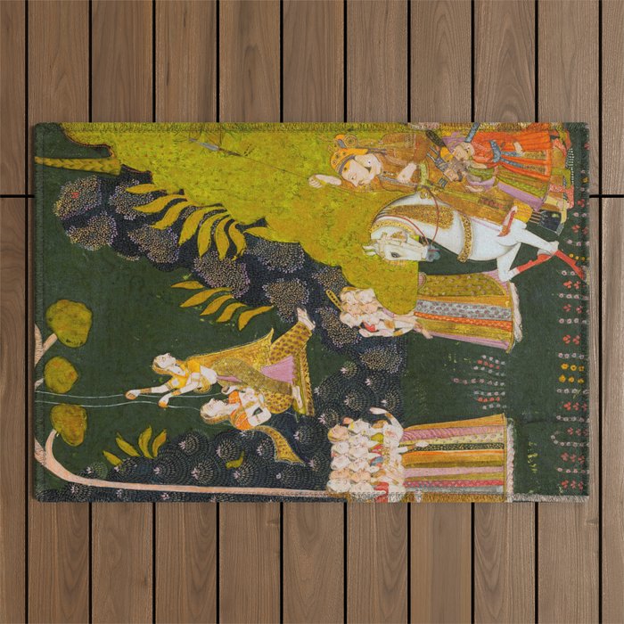 Maharaja Abhai Singh of Marwar (reigned 1724-49), Equestrian, Watching Girls Swinging at the Teej Festival Indian Miniature Painting  Outdoor Rug Gallery Image 1