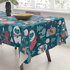 Besties // blue background white Yeti brown Bigfoot blue pine trees red and coral details Tablecloth Gallery Image 3