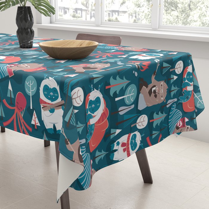 Besties // blue background white Yeti brown Bigfoot blue pine trees red and coral details Tablecloth Gallery Image 3