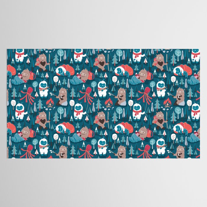 Besties // blue background white Yeti brown Bigfoot blue pine trees red and coral details Tablecloth Gallery Image 2