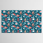 Besties // blue background white Yeti brown Bigfoot blue pine trees red and coral details Tablecloth Gallery Image 2
