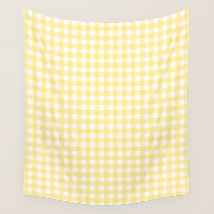 Gingham Check Plaid Pattern in Butter Yellow and White Wall Tapestry Gallery Image 1
