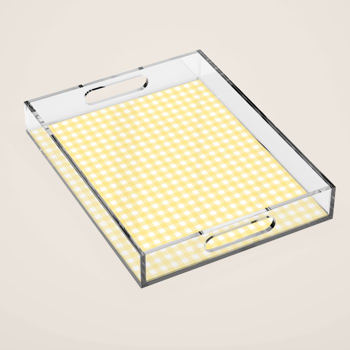 Gingham Check Plaid Pattern in Butter Yellow and White Acrylic Tray Gallery Image 1