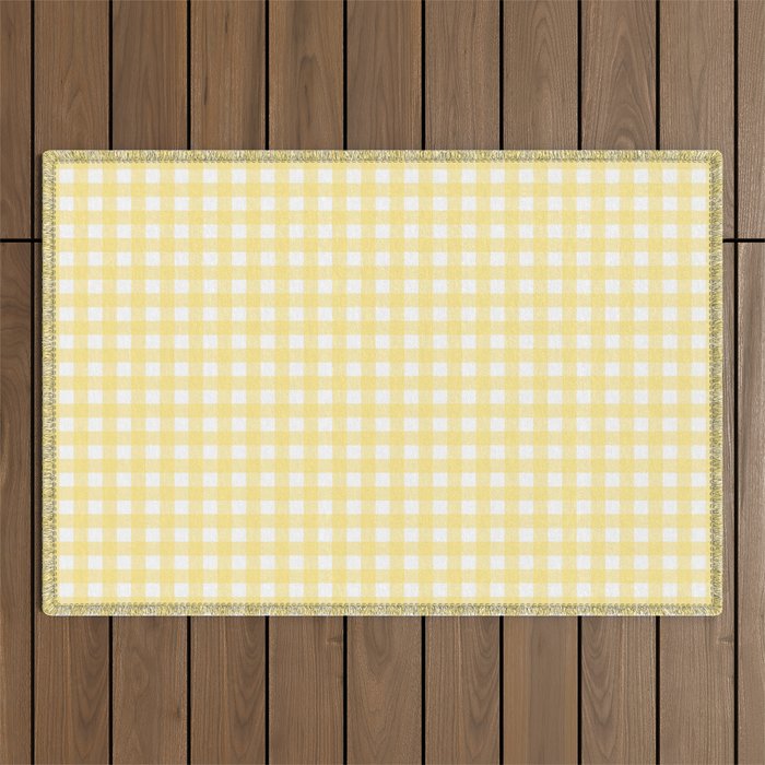 Gingham Check Plaid Pattern in Butter Yellow and White Outdoor Rug Gallery Image 1