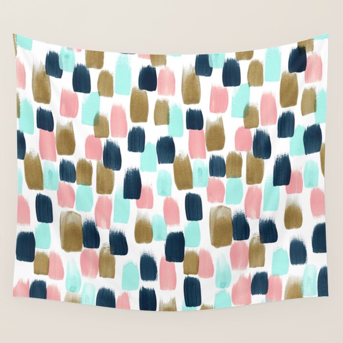 Pink, Mint, Navy & Gold Abstract Print, Nursery Art, Little Girls Room Wall Tapestry Gallery Image 1