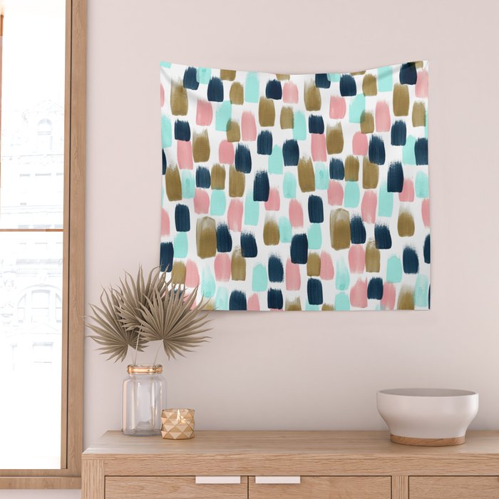 Pink, Mint, Navy & Gold Abstract Print, Nursery Art, Little Girls Room Wall Tapestry Gallery Image 2