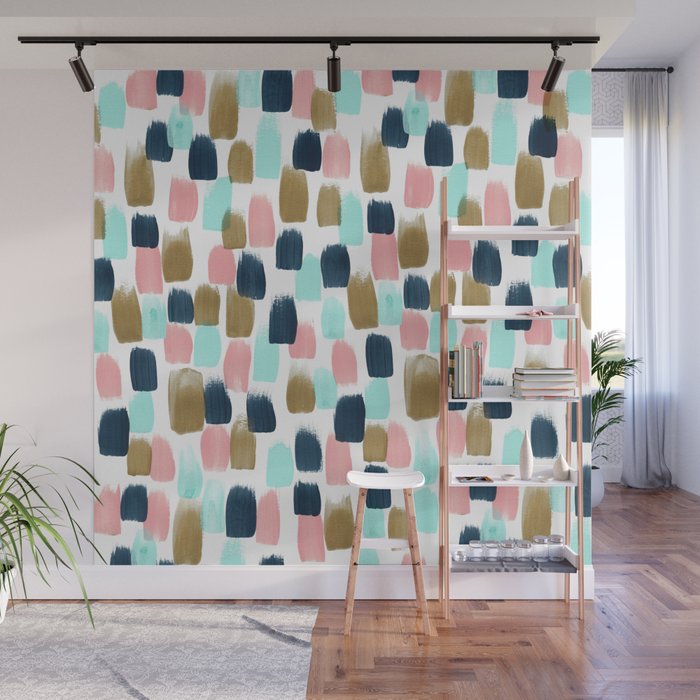 Pink, Mint, Navy & Gold Abstract Print, Nursery Art, Little Girls Room Wall Mural Gallery Image 1