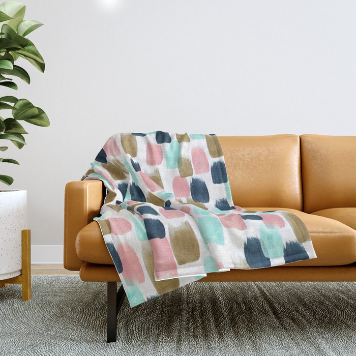 Pink, Mint, Navy & Gold Abstract Print, Nursery Art, Little Girls Room Throw Blanket Gallery Image 1
