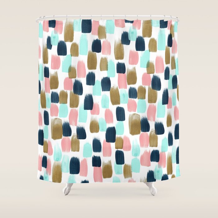 Pink, Mint, Navy & Gold Abstract Print, Nursery Art, Little Girls Room Shower Curtain Gallery Image 1