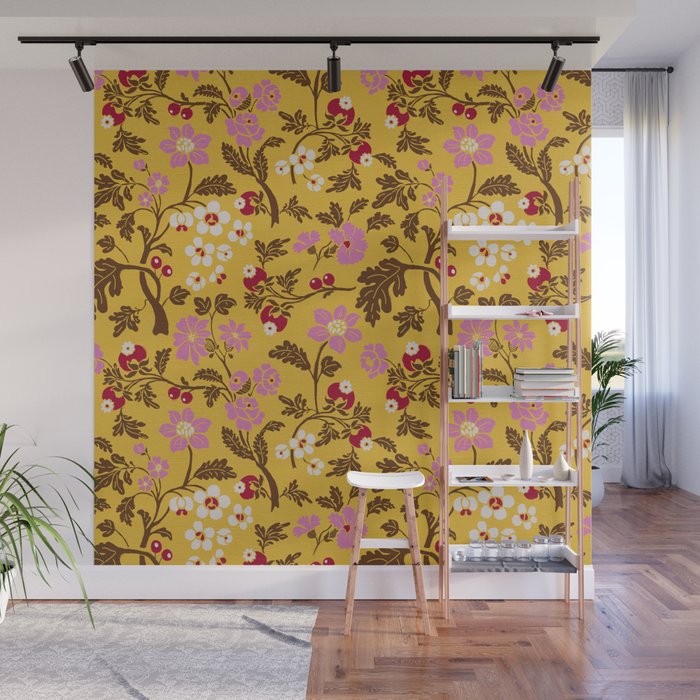 Chinoiserie Hand Drawn Florals On Yellow Wall Mural Gallery Image 1