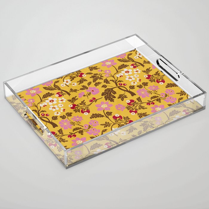 Chinoiserie Hand Drawn Florals On Yellow Acrylic Tray Gallery Image 1