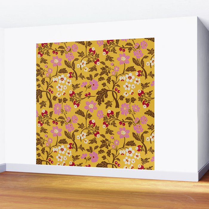Chinoiserie Hand Drawn Florals On Yellow Wall Mural Gallery Image 2