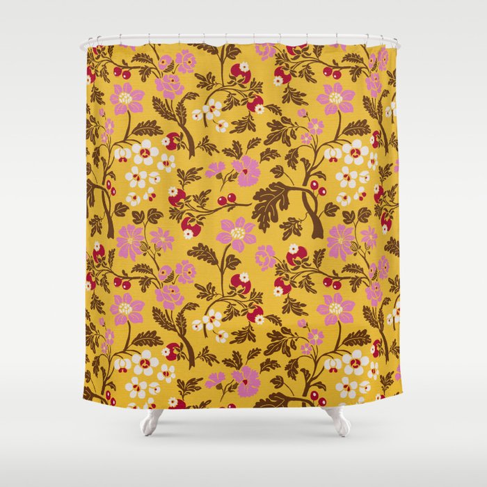 Chinoiserie Hand Drawn Florals On Yellow Shower Curtain Gallery Image 1