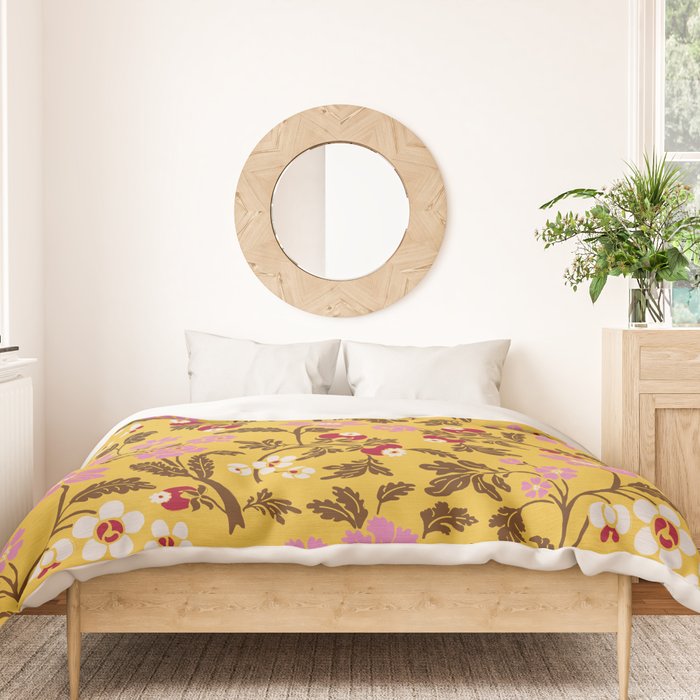 Chinoiserie Hand Drawn Florals On Yellow Duvet Cover Gallery Image 3